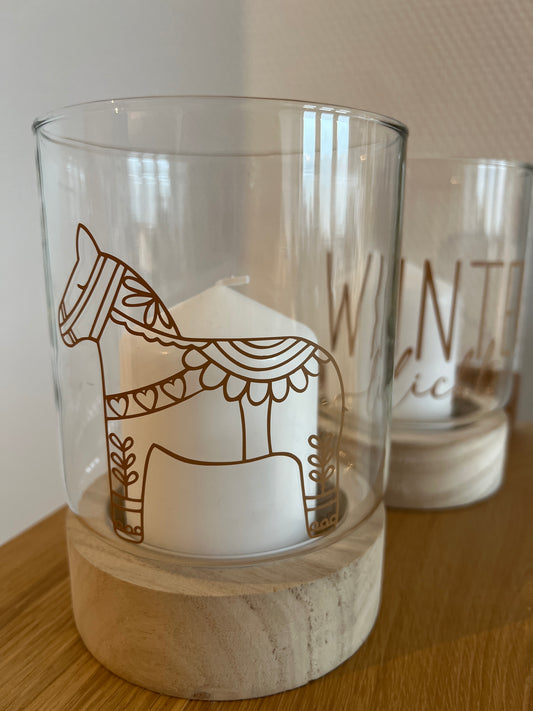 Windlicht mit Holzfuss diverse Designs